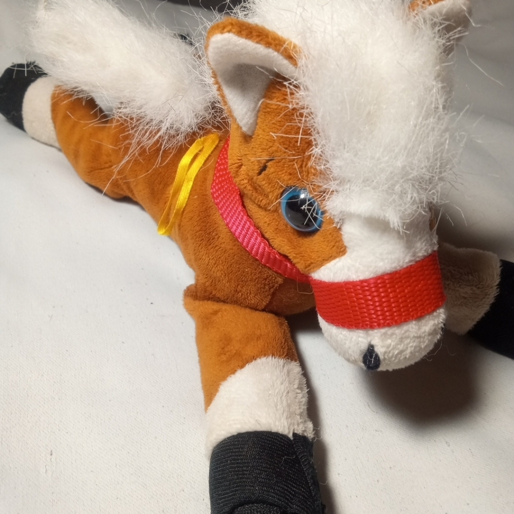 12 Inch Horse Plushie With Red Bridal And Blue Eyes